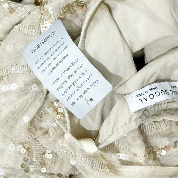 Mac Duggal Oyster Beige Sequined V Neck Flutter Sleeve Tea Length Dress 6 NWT - Picture 8 of 11